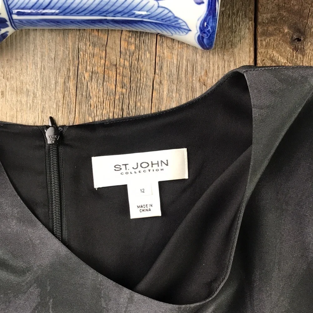 St. John Collection Floral Silk Dress Black Cream Golden Size 12 - Picture 3 of 16